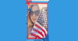 Jaime Castle, in sunglasses, holding an American flag, with stars sprinkled on the image