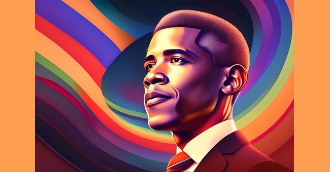 Stylized painting of Barack Obama, looking up at his head and shoulders.