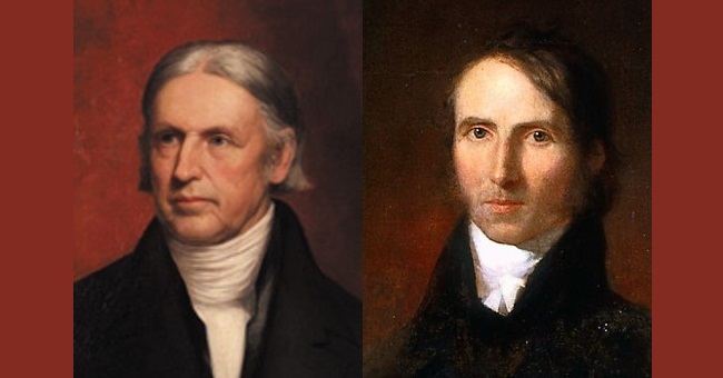 Eighteenth Century portrait paintings of two men, Hosea Ballou and William Ellery Channing.