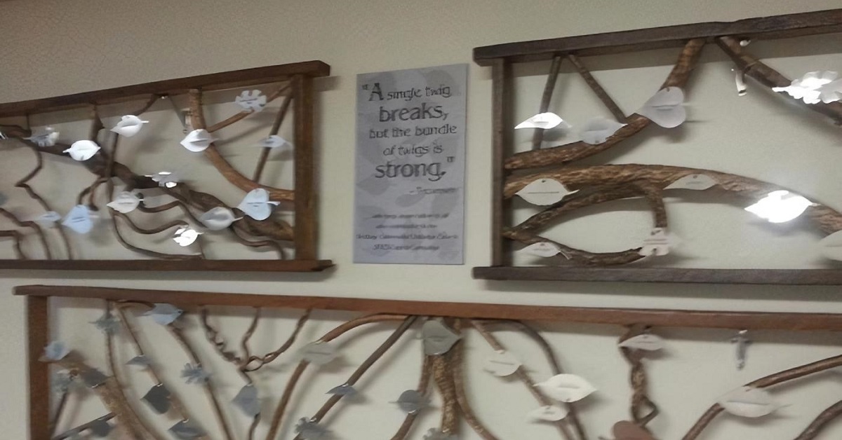 A display representing branches and leaves forming a bundle of twigs.