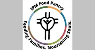 Logo with words in a circle that say "IPM Food Pantry ~ Feeding Families. Nourishing Souls." Includes a circle and a line drawing of a heart, cross, and person reaching up.